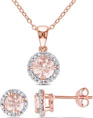 DELMAR Morganite & Diamond Halo Pendant Necklace & Stud Earrings Set