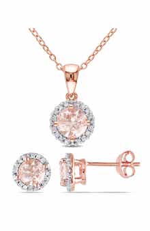 DELMAR Morganite & Diamond Halo Pendant Necklace & Stud Earrings Set