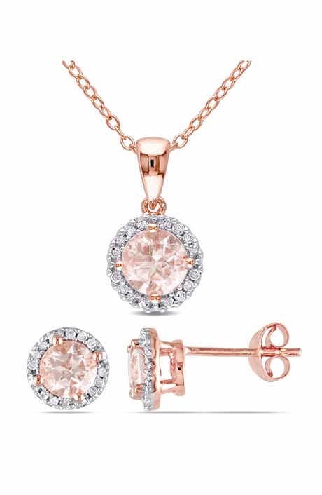 DELMAR Morganite & Diamond Halo Pendant Necklace & Stud Earrings Set