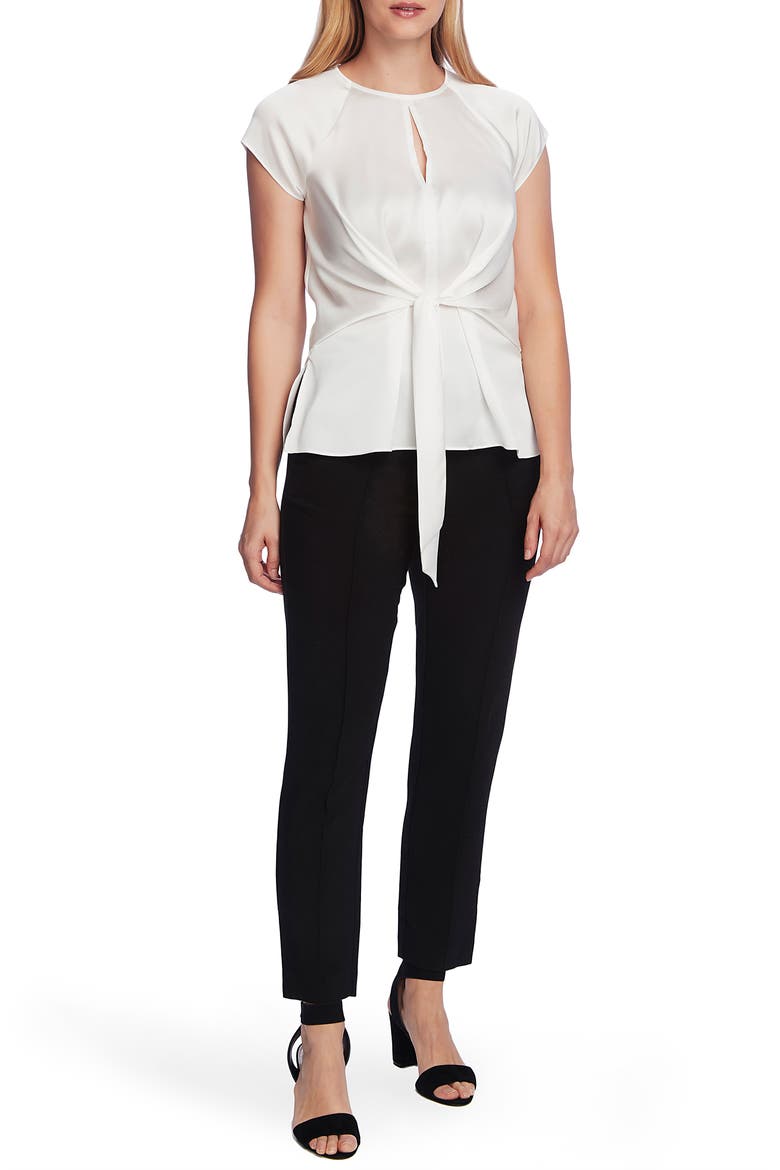 Tie Front Satin Charmeuse Keyhole Blouse, Alternate, color, NEW IVORY