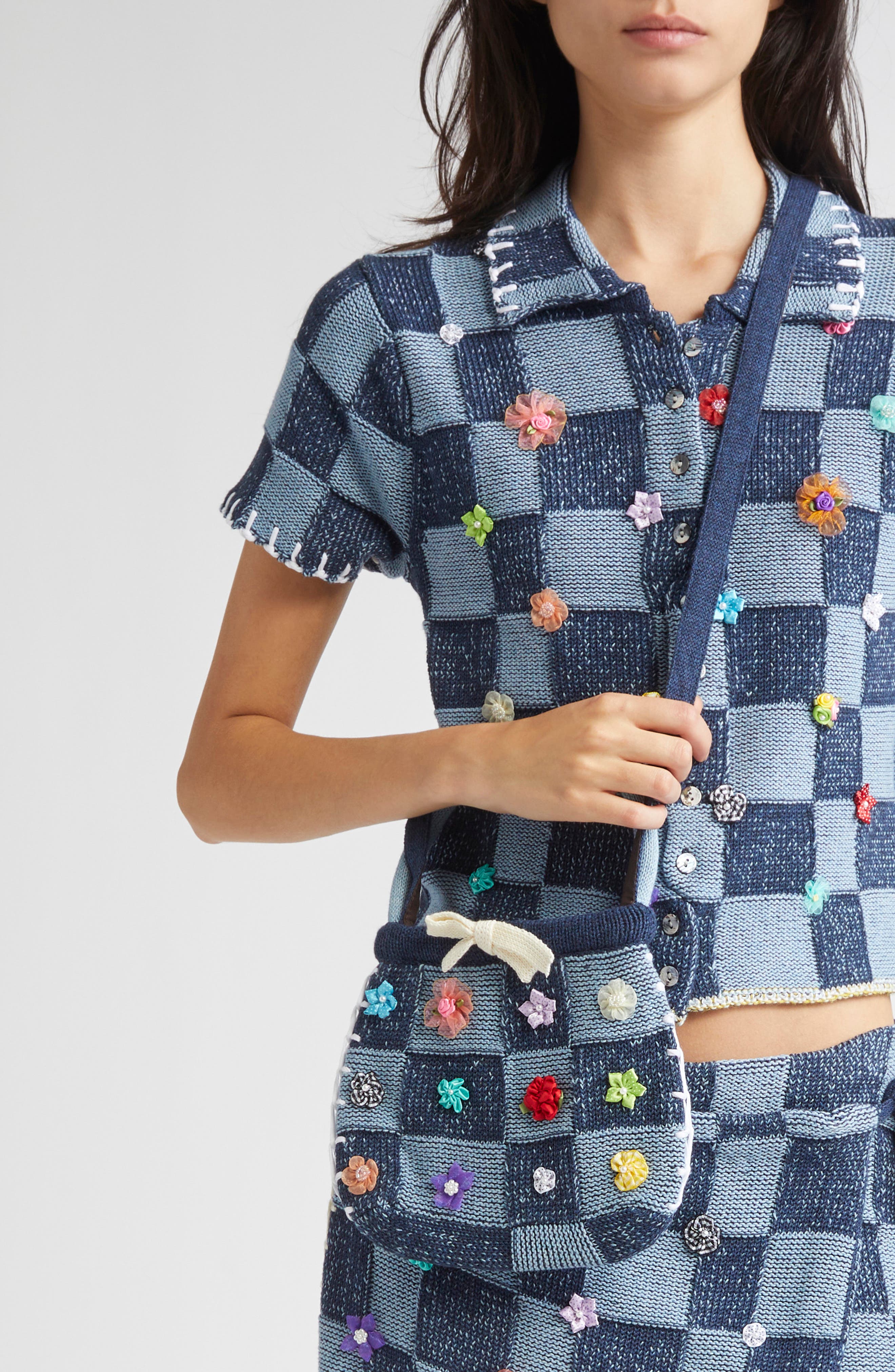 YanYan Embellished Check Cotton Knit Handbag, Alternate, color, Denim