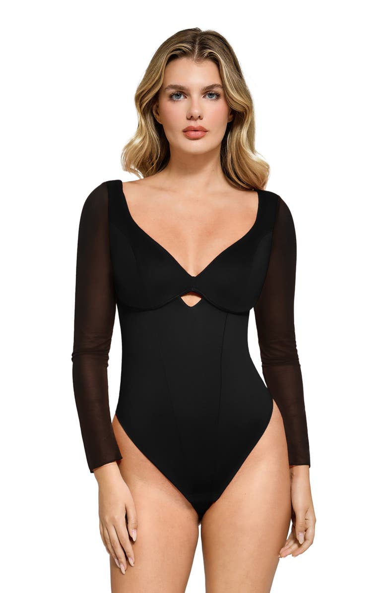 Popilush Shapewear Mesh Sleeve Cutout Sweetheart Sculpting Bodysuit, Main, color, Jet Black