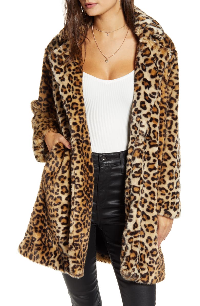 BLANKNYC Leopard Faux Fur Coat, Main, color, 