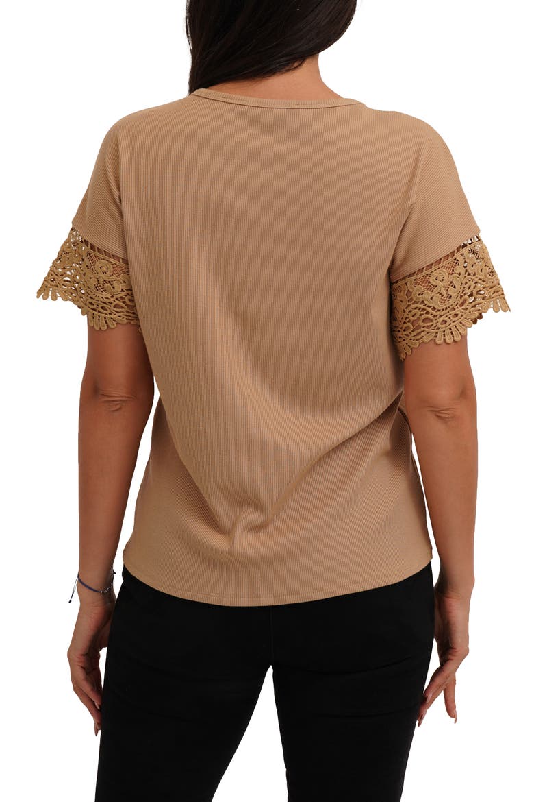 Lace Trim Short Sleeve Ribbed Top, Alternate, color, WARM SAND
