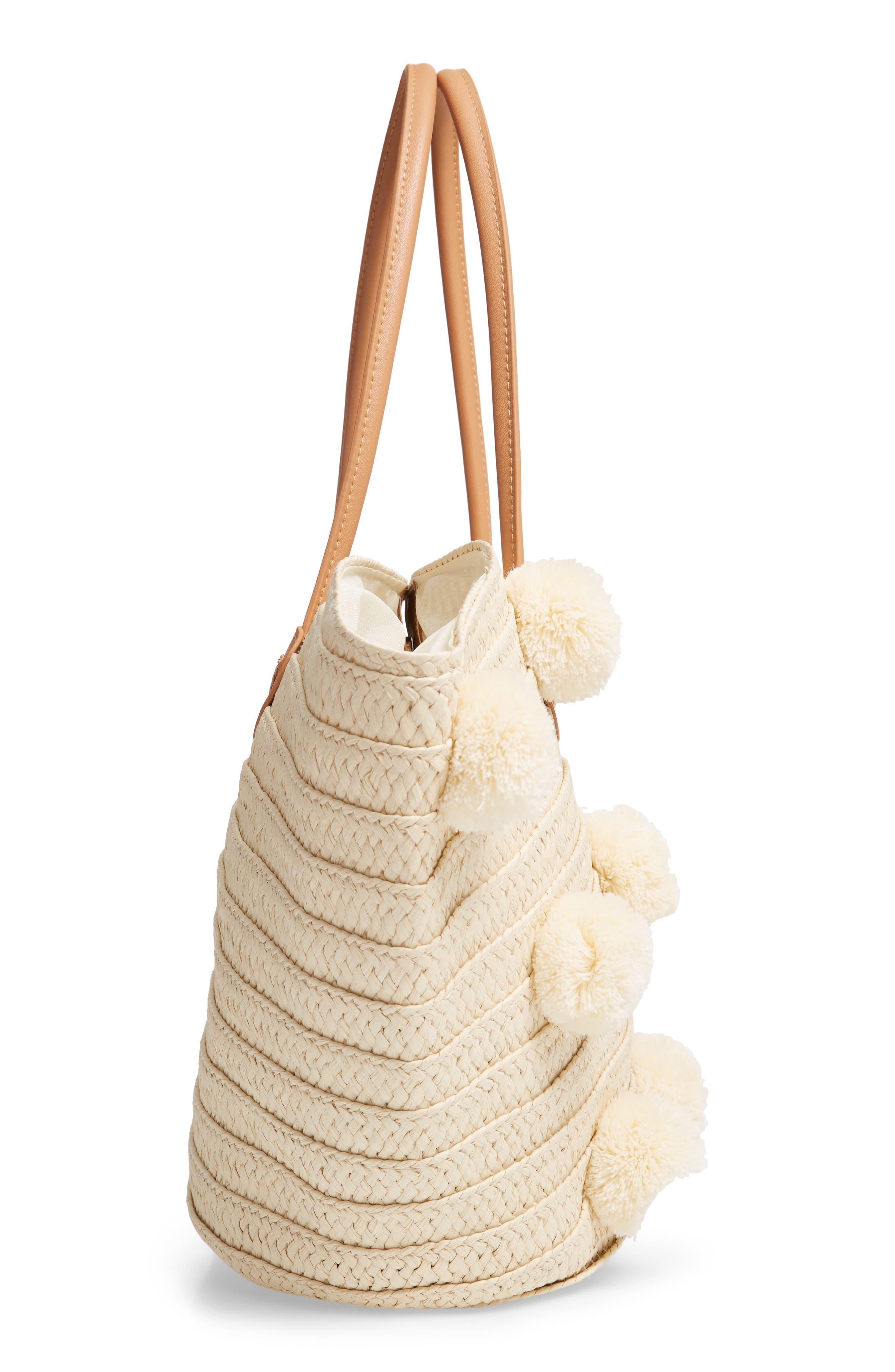 Klo Pompom Straw Tote, Alternate, color, IVORY