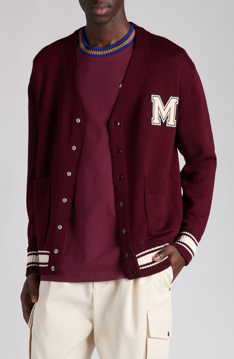 Moncler Monogram Patch Virgin Wool Cardigan, Main, color, Catawba Grape