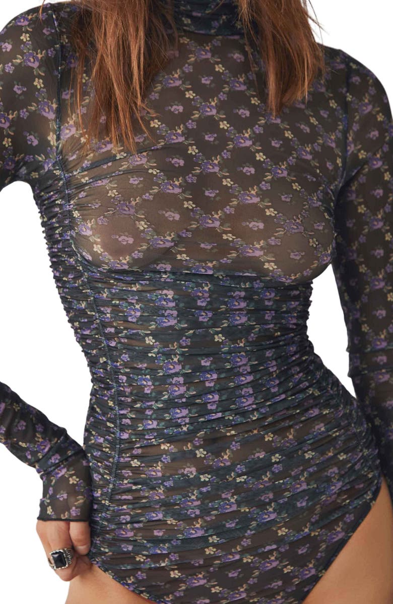 Free People Under It All Ruched Mesh Turtleneck Bodysuit, Alternate, color,