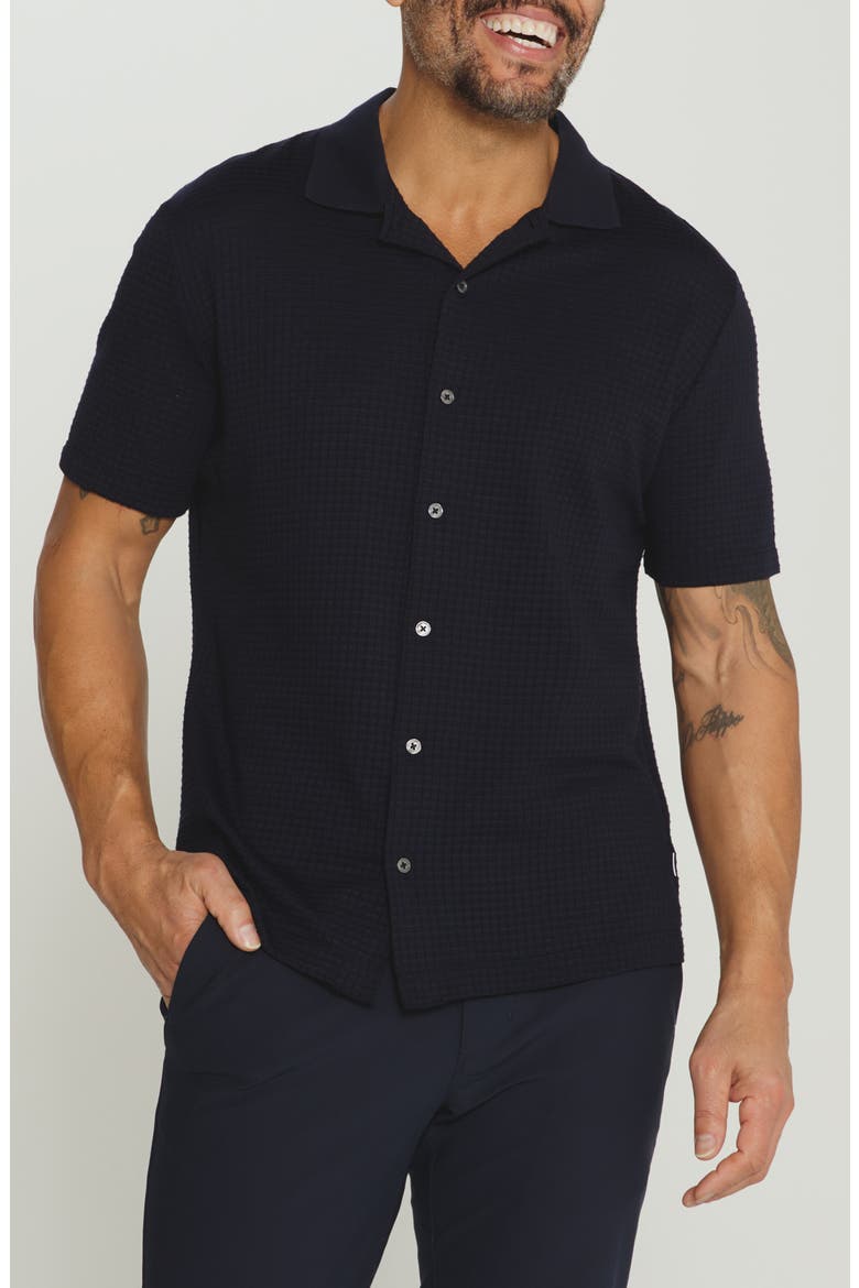 Landry Waffle Knit Short Sleeve Button-Up Shirt, Main, color, NAVY