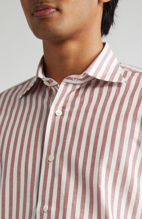 Eleventy Stripe Cotton & Linen Button-up Shirt In Berry