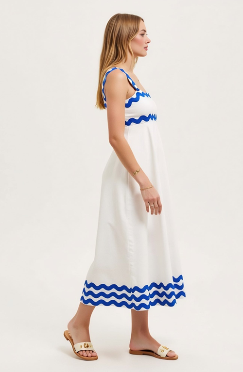 Modenaire Scalloped Strap Maxi Dress With Wave Trim And A-line Silhouette In White
