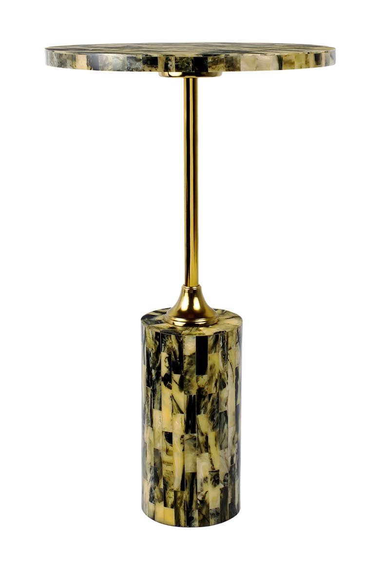 Hedda Art Deco Round Pedestal Drink Table, Iron Candlestick Accent Table with Mosaic Top Cylinder Base, Main, color, Yellow