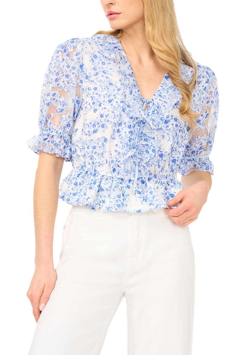 Clarise Ruffle Trim V-Neck Top, Main, color, SKY