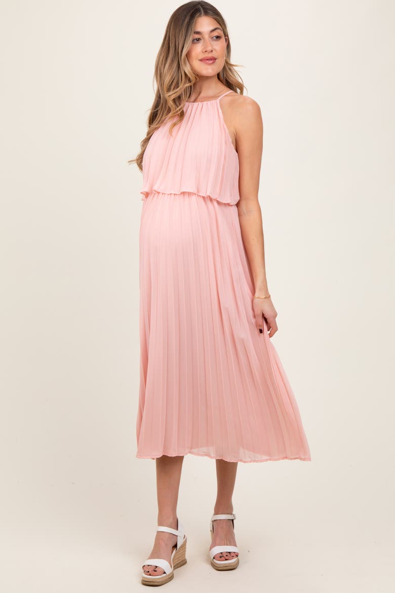 Pleated Woven Midi Dress, Alternate, color, Pink