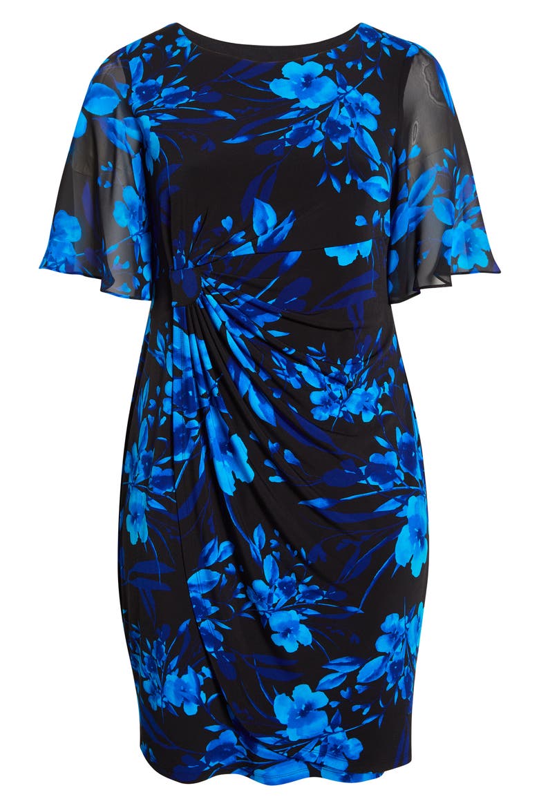 Floral Side Ruched Faux Wrap Dress, Alternate, color, SAPHIRE