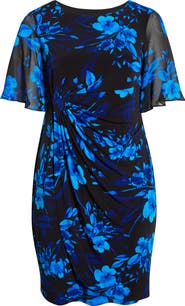 Connected Apparel Floral Side Ruched Faux Wrap Dress