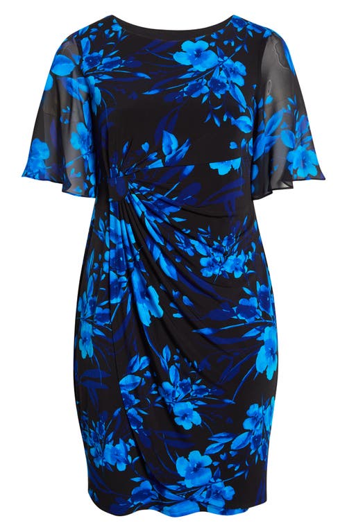 Connected Apparel Floral Side Ruched Faux Wrap Dress In Blue