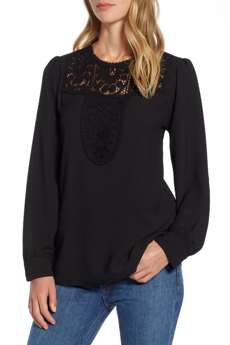 Lace & Crepe Blouse, Main, color, BLACK