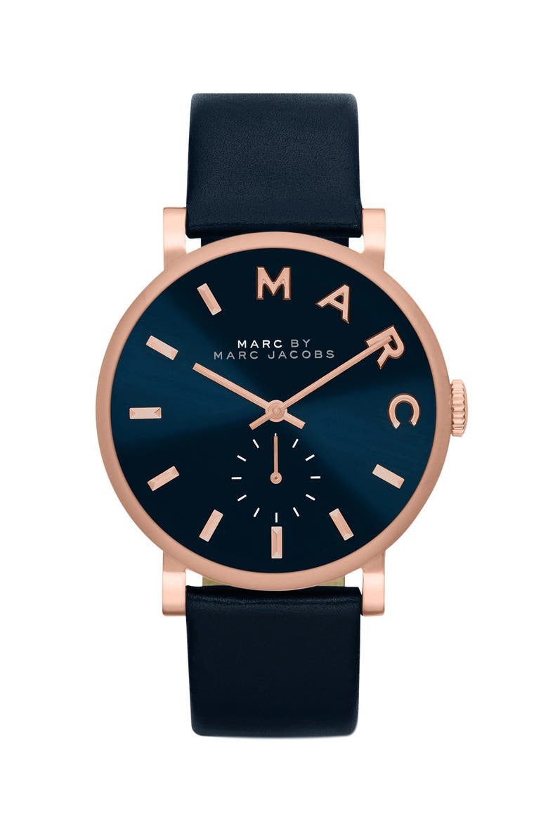 'Baker' Leather Strap Watch, 37mm, Main, color, NAVY/ ROSE GOLD