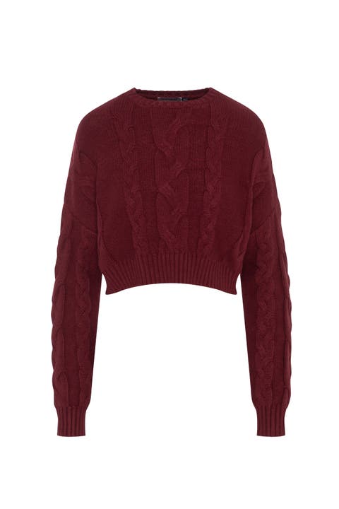 Braided Knit Long Sleeve Ribbed Trim Sweater