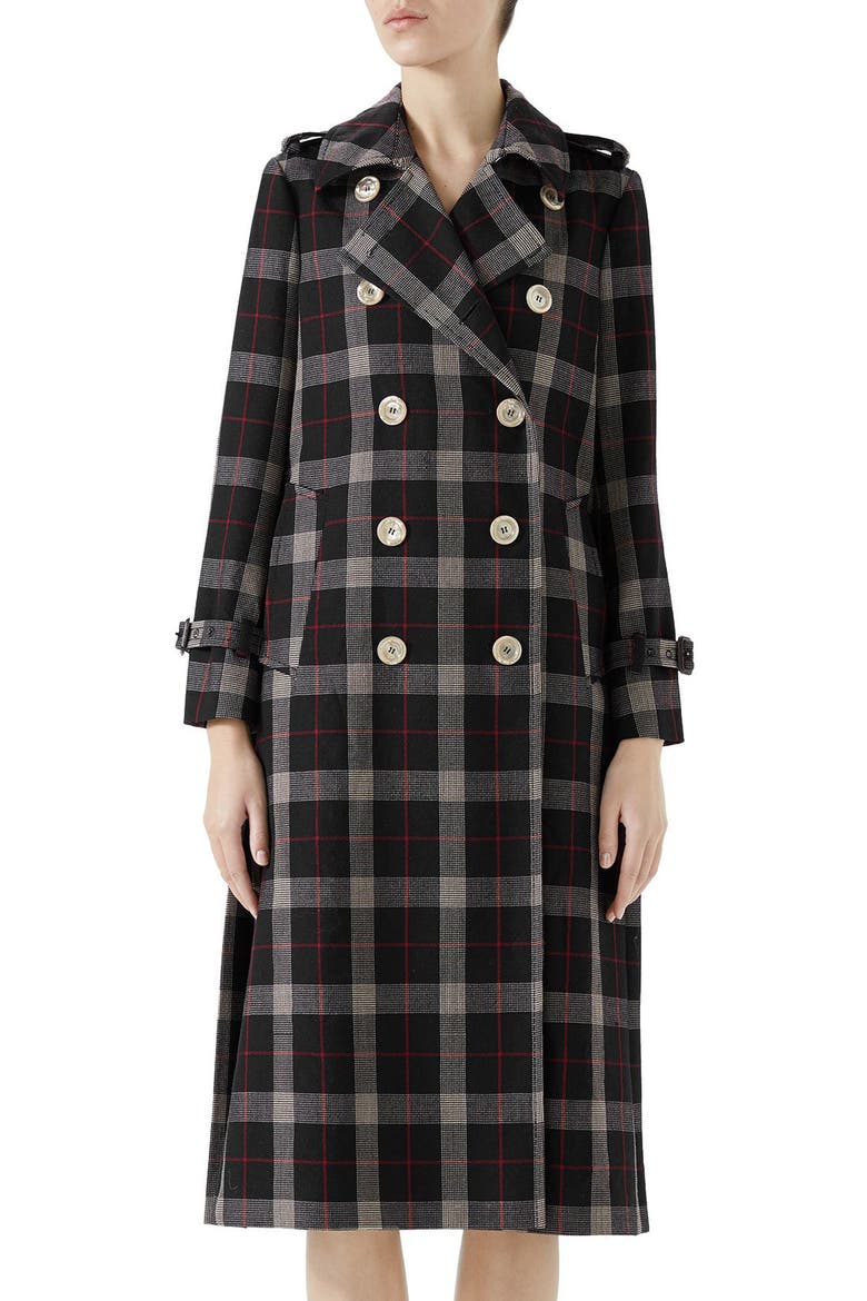 Oversize Check Pleated Back Coat, Main, color, INK/ RED/ ROSE BUD