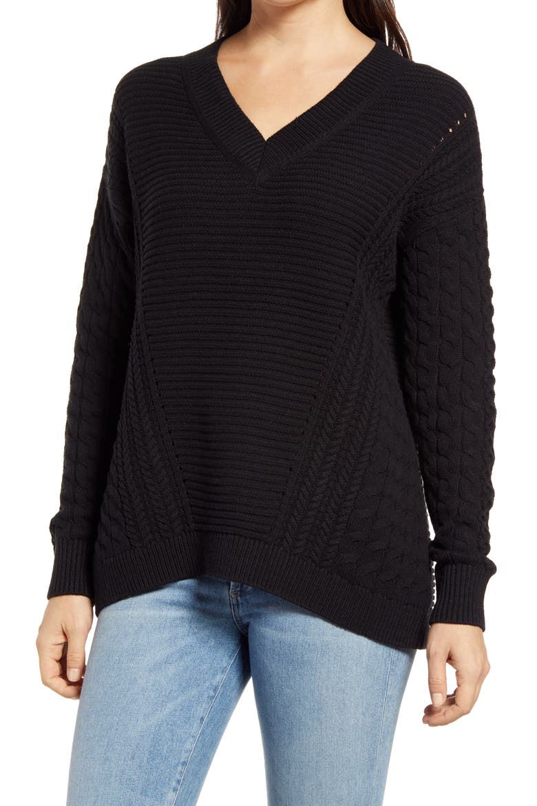 Cable V-Neck Sweater, Main, color, BLACK