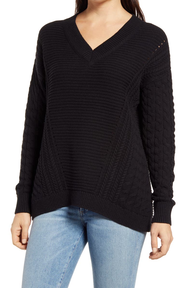 Caslon<sup>®</sup> Cable V-Neck Sweater, Main, color, 