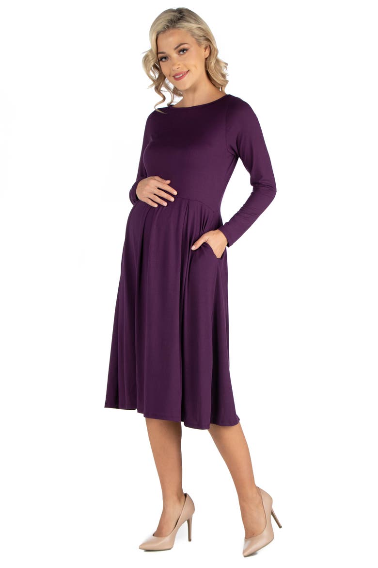 Maternity Midi Length Fit and Flare Pocket Dress, Alternate, color, Purple