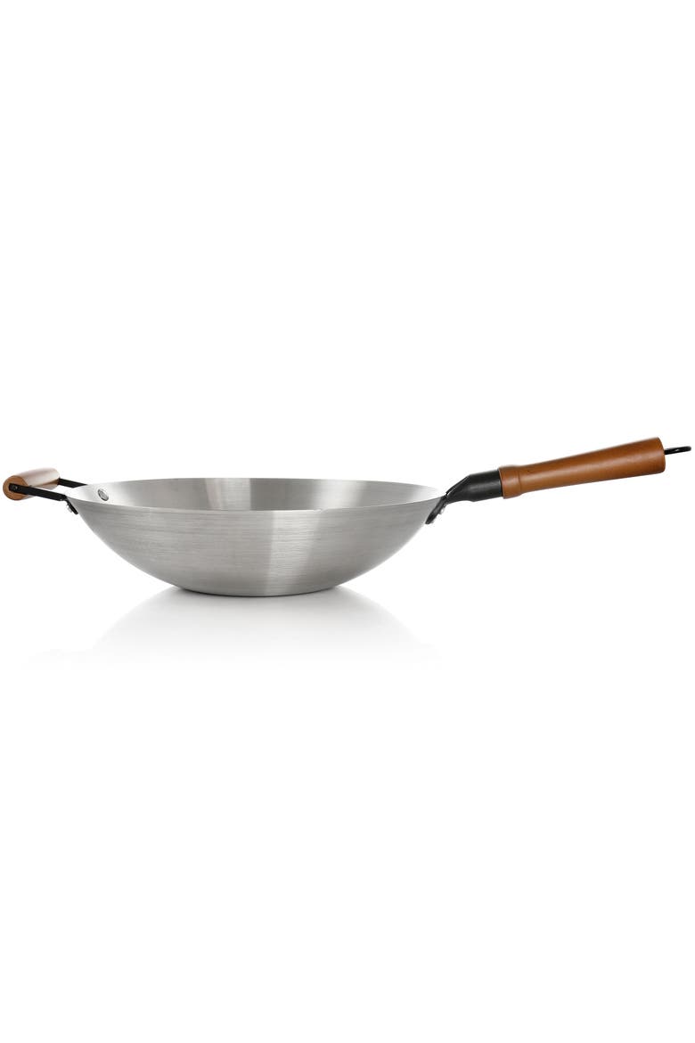 Sangerfield 14in Stainless Steel Flat Bottom Wok with Wooden Handles, Alternate, color, Metallic Silver