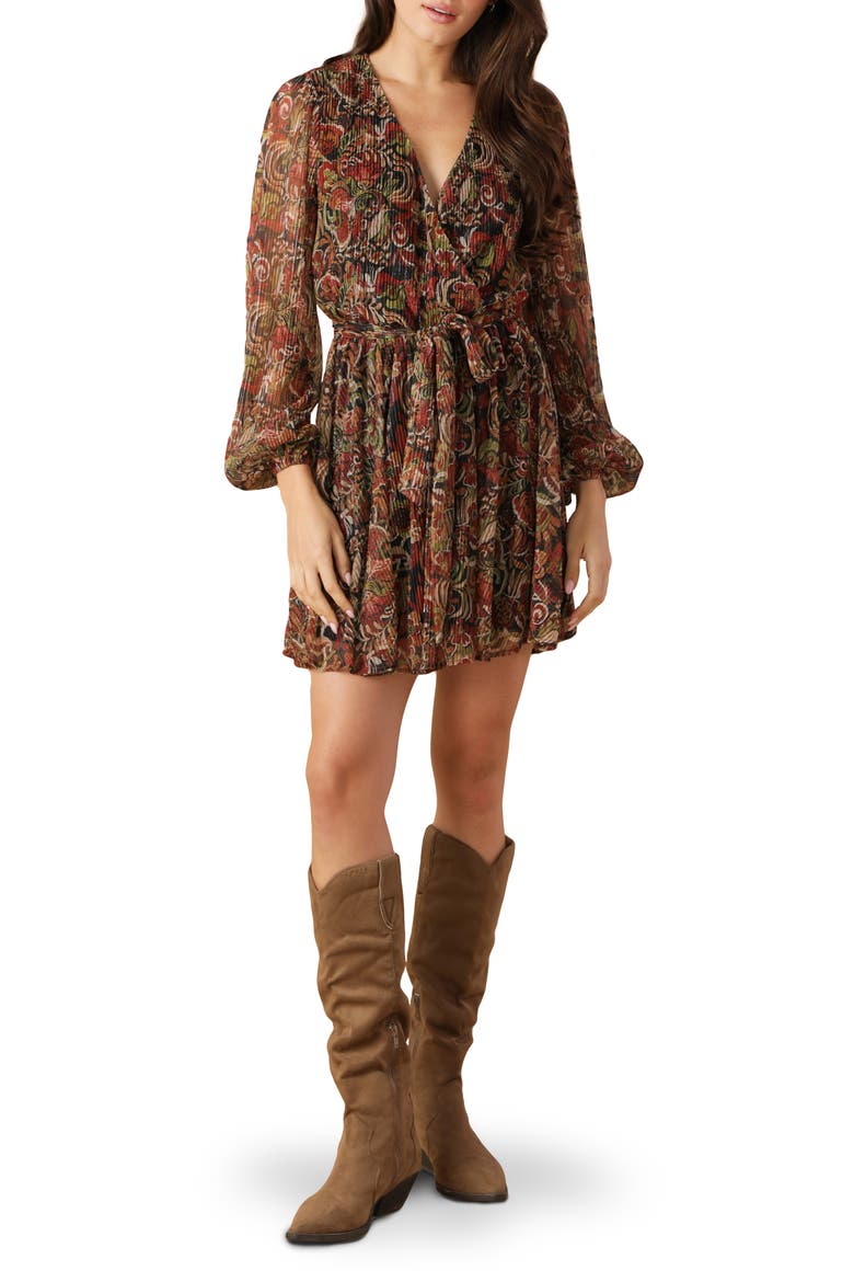Long Sleeve Metallic Plissé Minidress, Main, color, BLACK/ RED MULTI