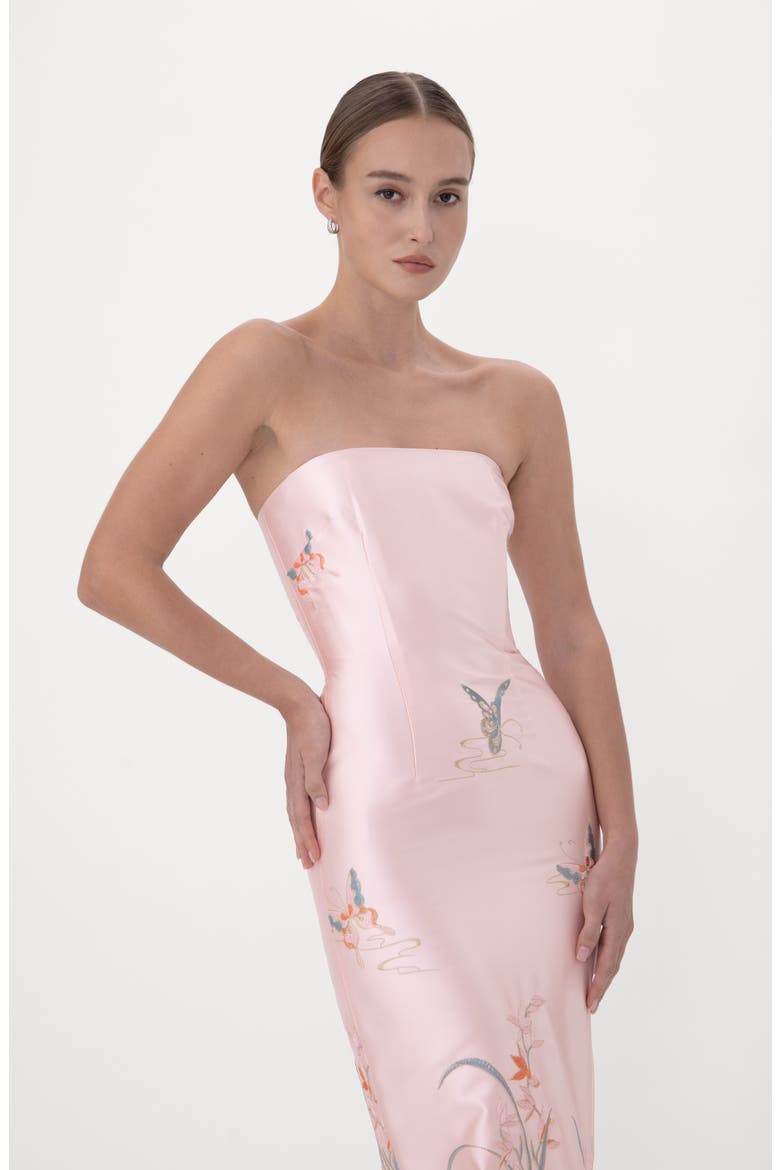 Ilsa Embroidered Strapless Satin Gown, Alternate, color, PINK MULTI