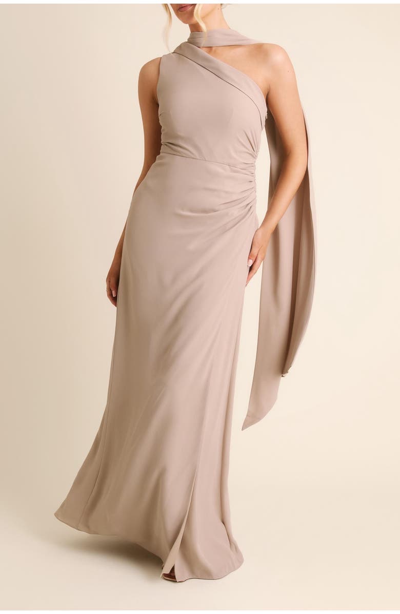 Six Stories One Shoulder Chiffon Bridesmaid Dress, Alternate, color, Truffle