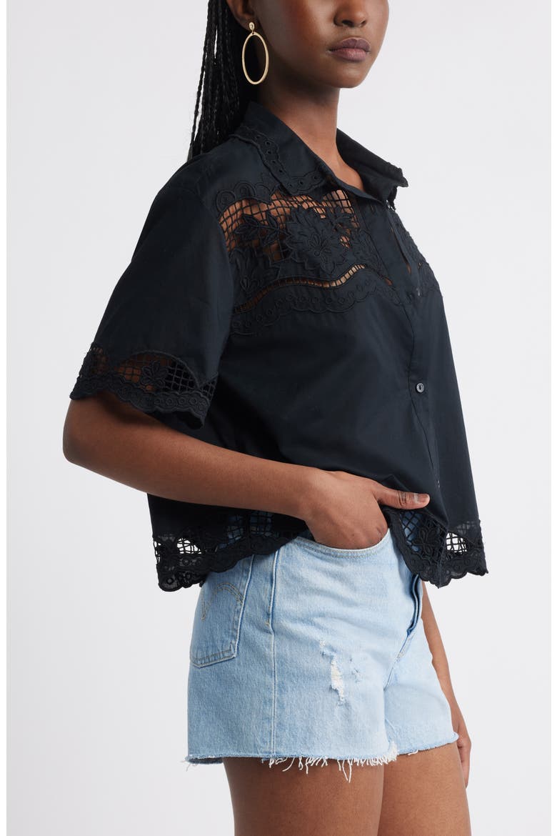 Embroidered Cutwork Cotton Camp Shirt, Alternate, color, BLACK