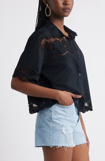 Embroidered Cutwork Cotton Camp Shirt