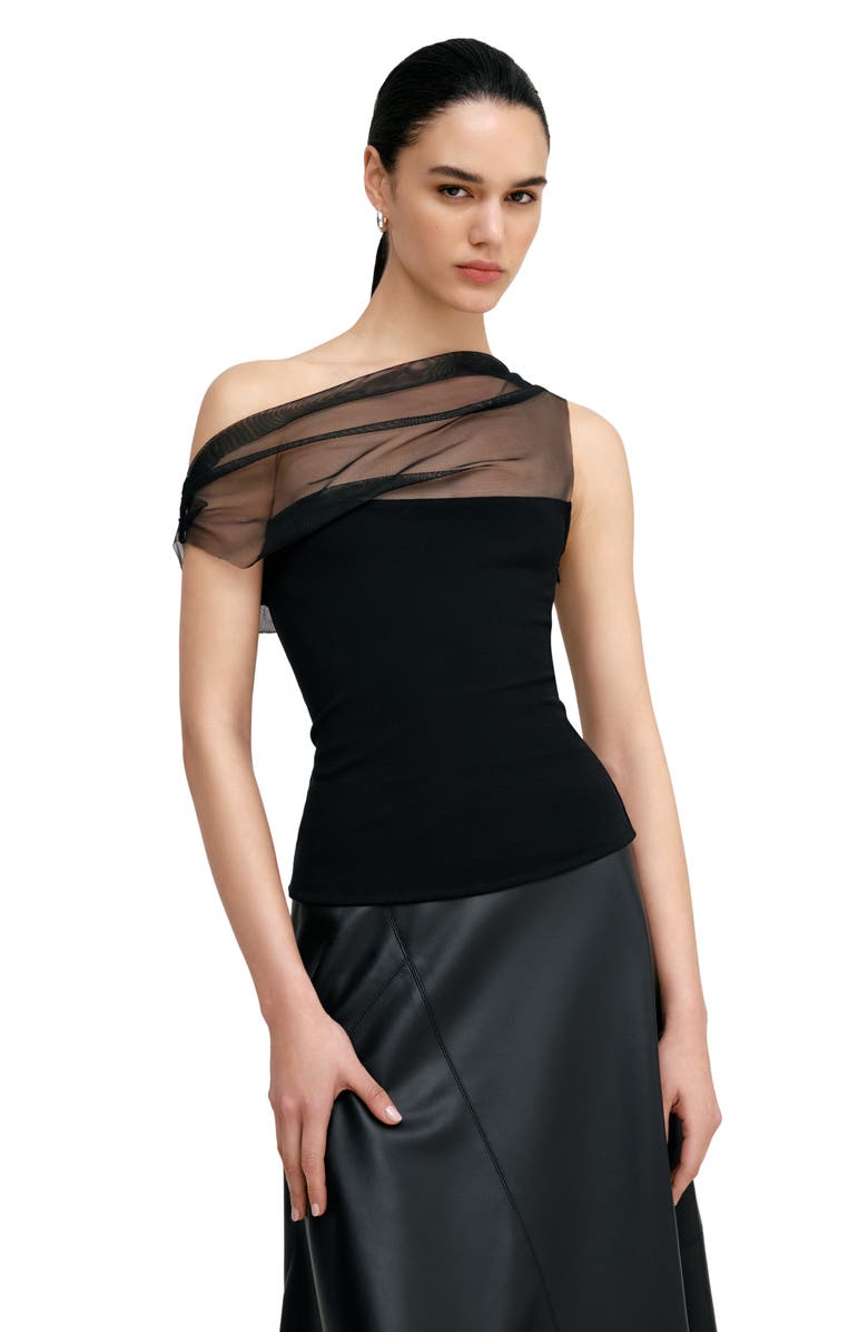 Marcella Cabrini Mesh One-Shoulder Top, Alternate, color, Black