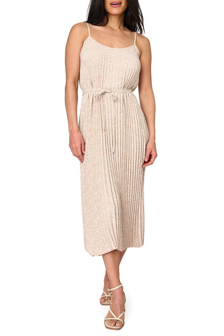 Pleated Midi Dress, Main, color, LATTE ANIMAL DOT