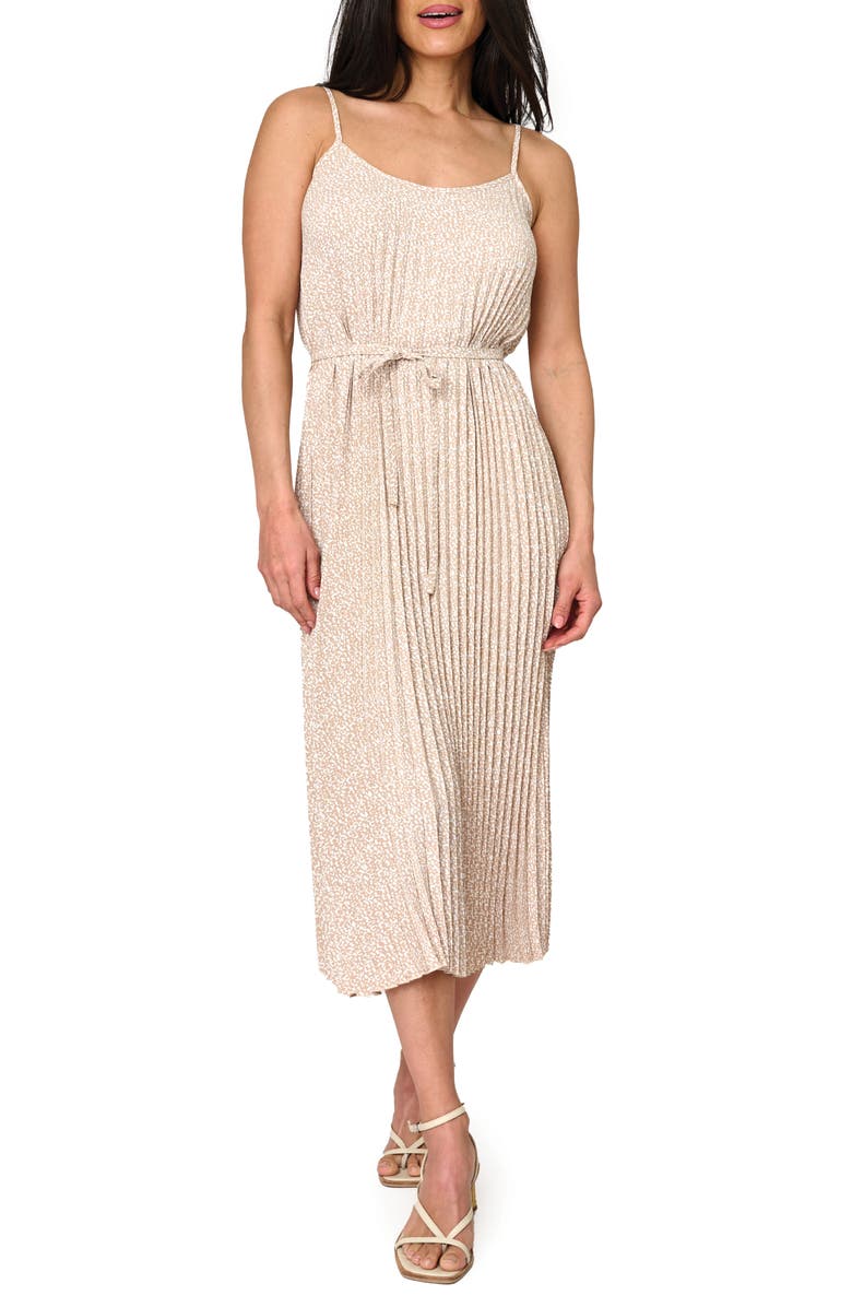 GIBSONLOOK Pleated Midi Dress, Main, color, Latte Animal Dot