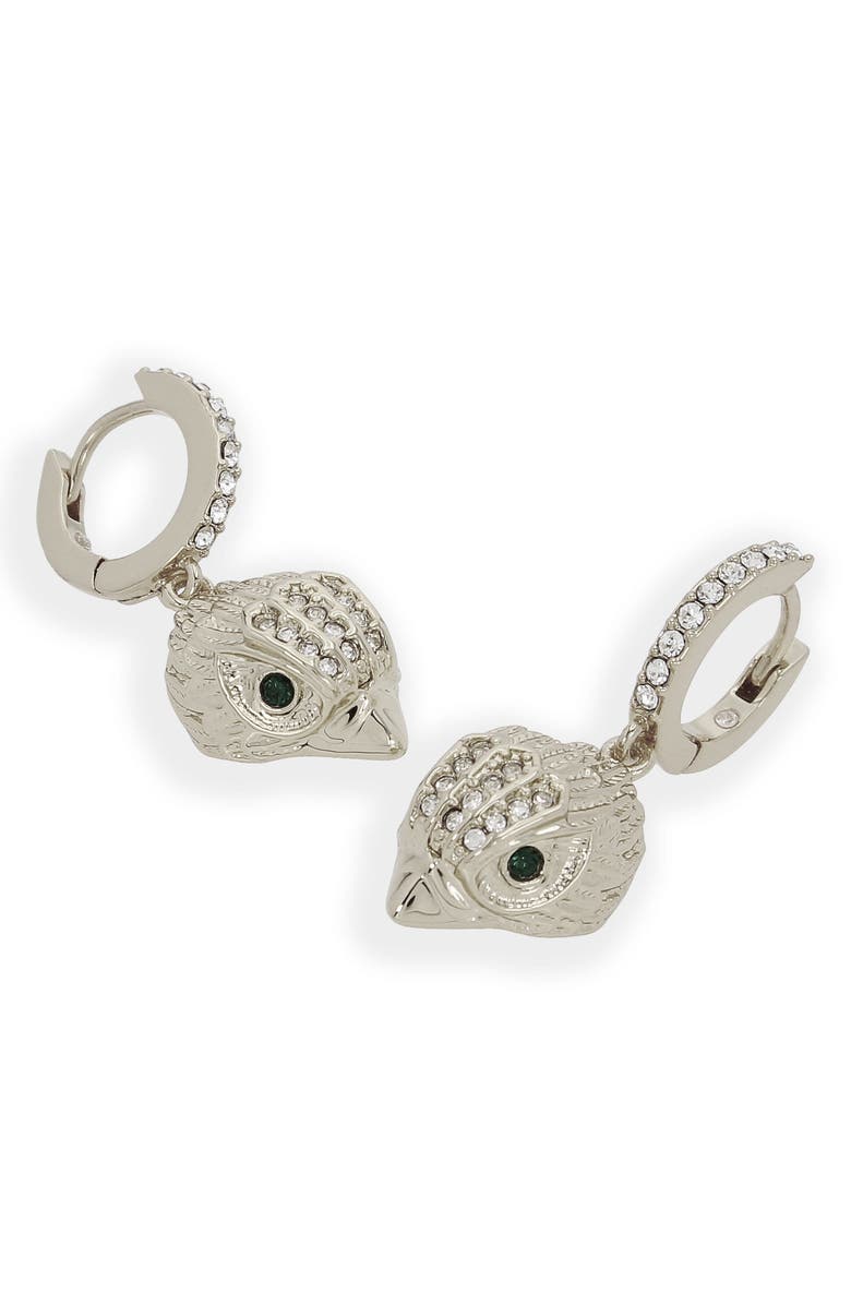 Kurt Geiger London Pavé Crystal Eagle Head Drop Huggie Hoop Earrings, Alternate, color, Rhodium