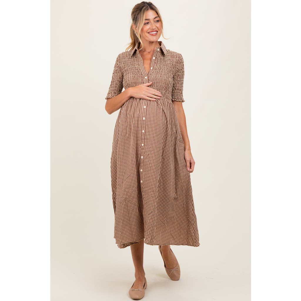 Pinkblush Gingham Smocked Button Down Midi Dress In Brown