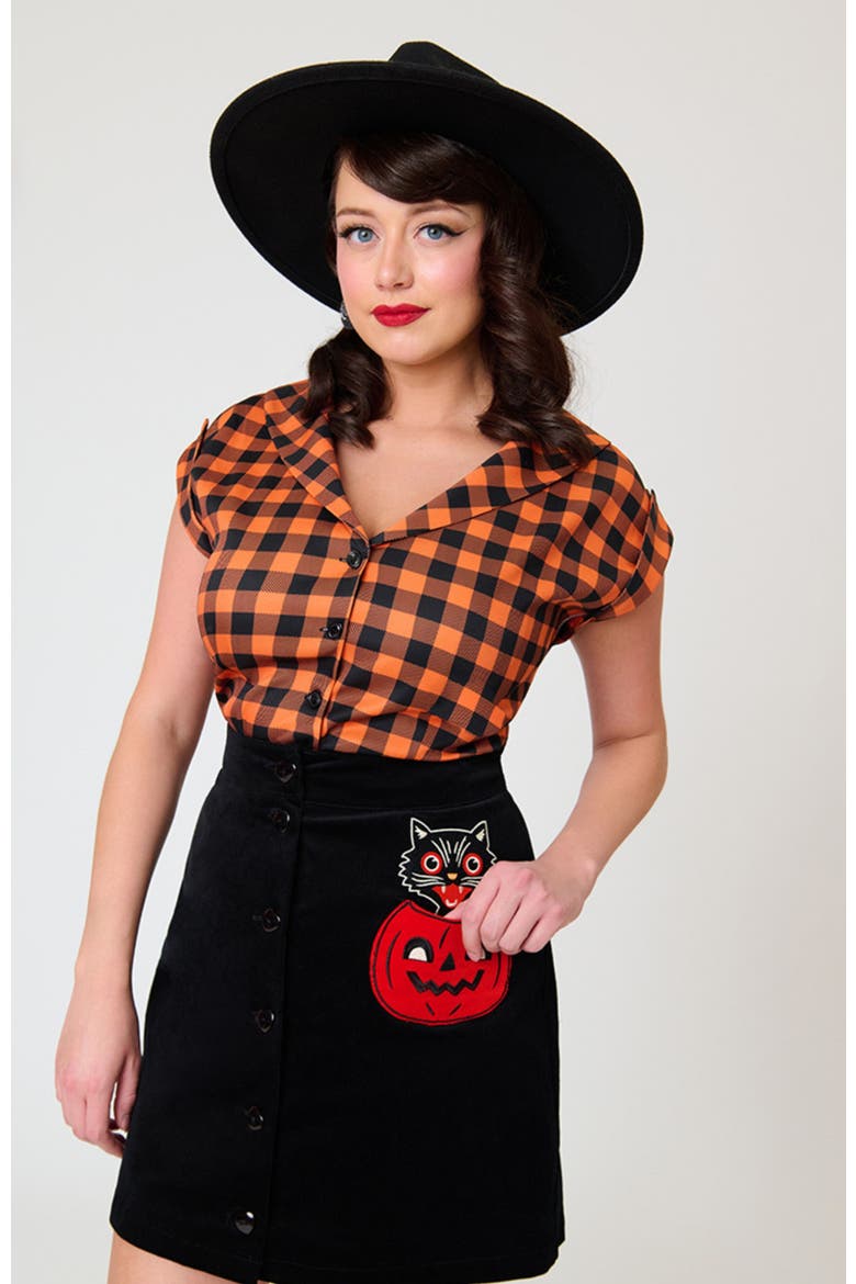 1960's Corduroy Mini Skirt, Alternate, color, Black Cat & Pumpkin