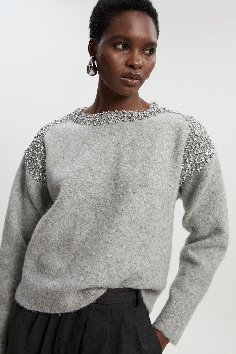 Embellished Trim Cosy Knit Jumper, Alternate, color, Grey