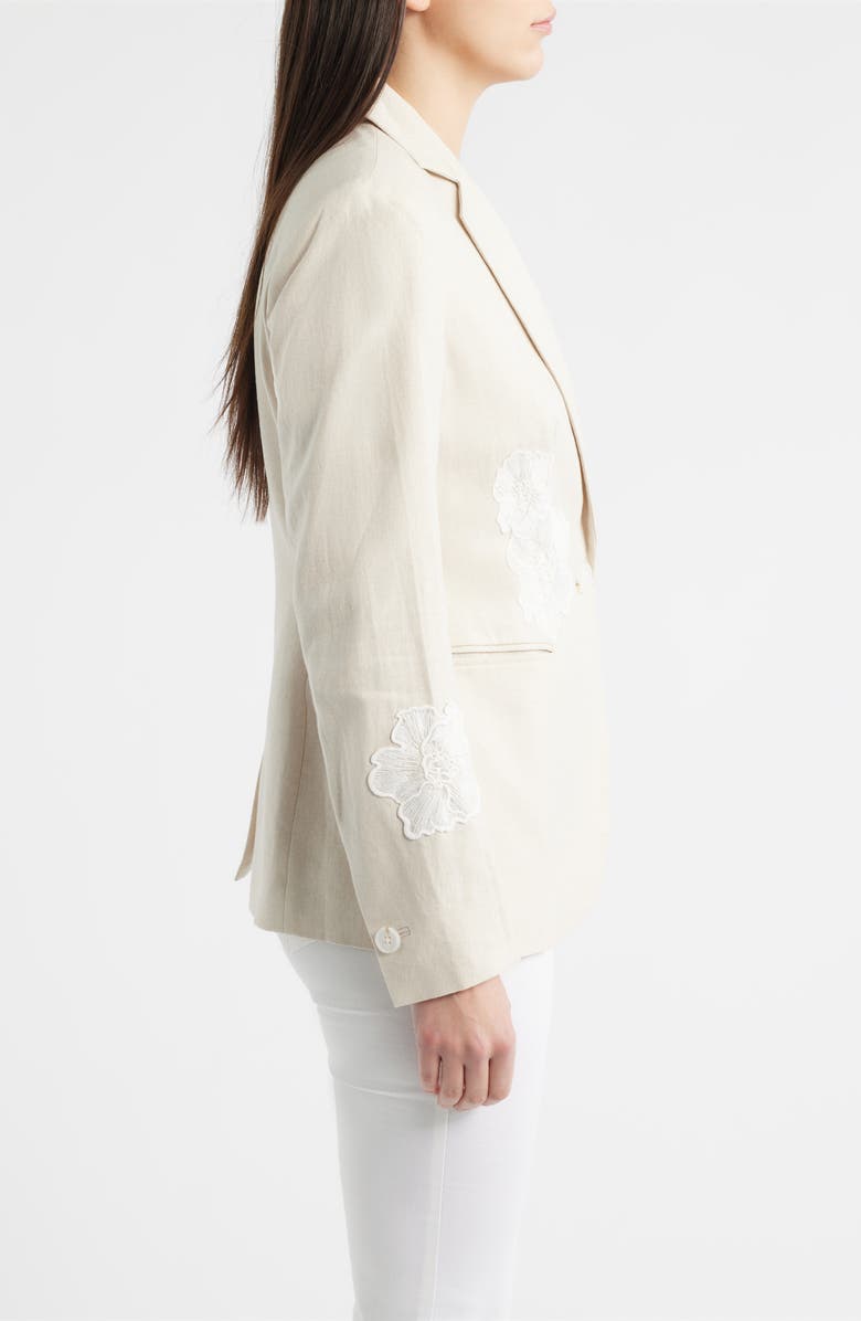 Anne Klein Floral Appliqué Linen Blend Blazer, Alternate, color, Natural Grain/ Crisp White