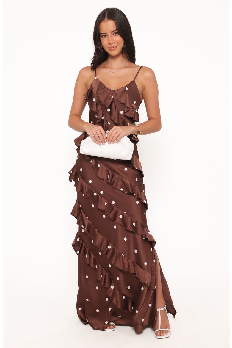 Ciao Floral Ruffle Satin Maxi Dress, Alternate, color, BROWN POLKA DOT