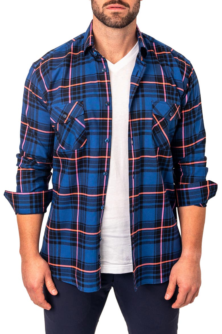 Plaid Embroidered Cotton Flannel Button-Up Shirt, Alternate, color, BLUE