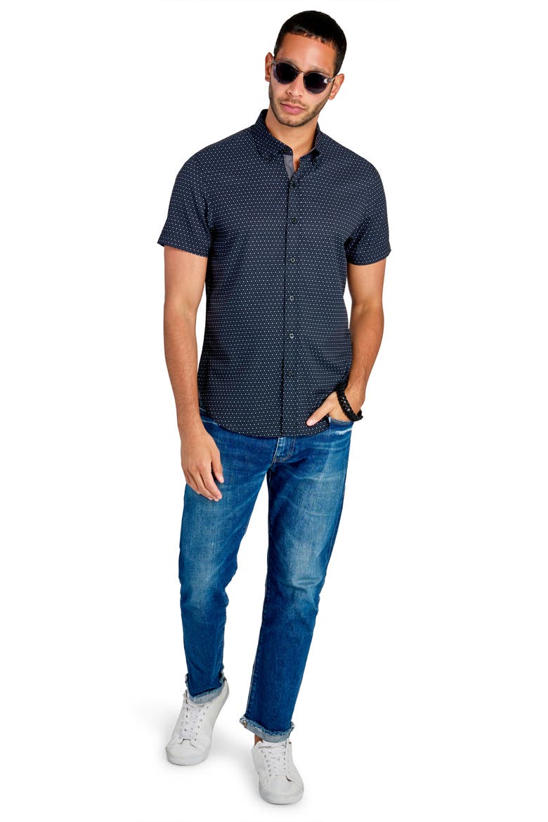 Slim Fit Micro Dot 4-Way Stretch Short Sleeve Button-Up Shirt, Alternate, color, BLACK