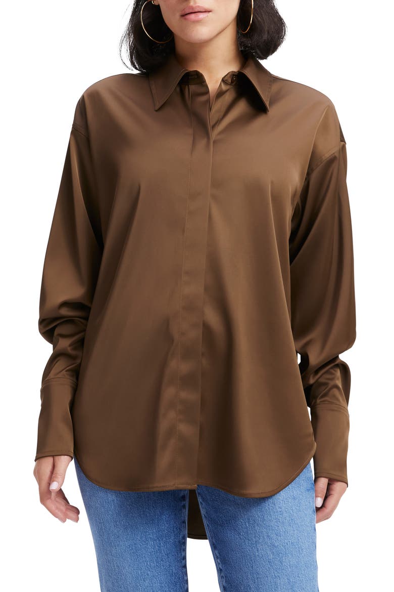Stretch Satin Button-Up Shirt, Main, color, LIGHT MOCHA004