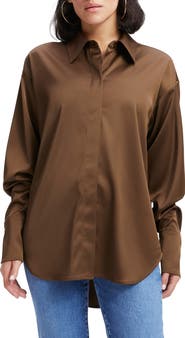 Good American Stretch Satin Button-Up Shirt