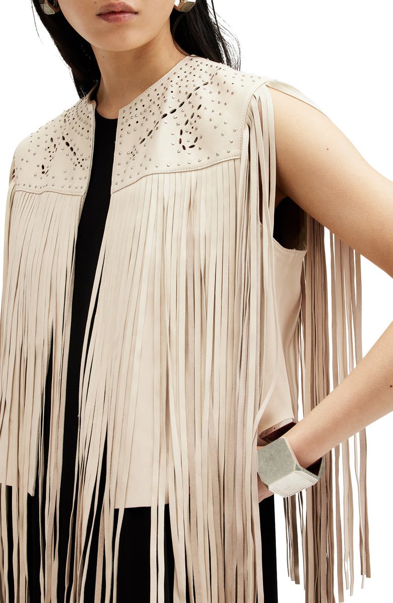 AllSaints Elias Astral Leather Fringe Vest, Alternate, color, Off White