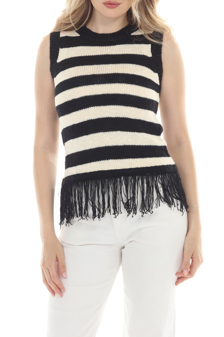 Stripe Fringe Knit Tank Top, Main, color, BLACK