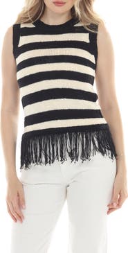 RAIN AND ROSE Stripe Fringe Knit Tank Top