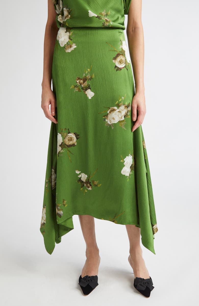 Erdem Rose Print Crinkled Satin Midi Skirt, Main, color, Painted Rose Bouquet Olive